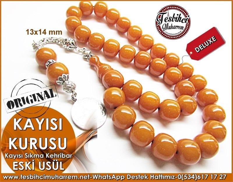 Özgün Gümüş Tasarım Eski Usül Sıkma Kehribar Tesbih Kayısı Kurusu 