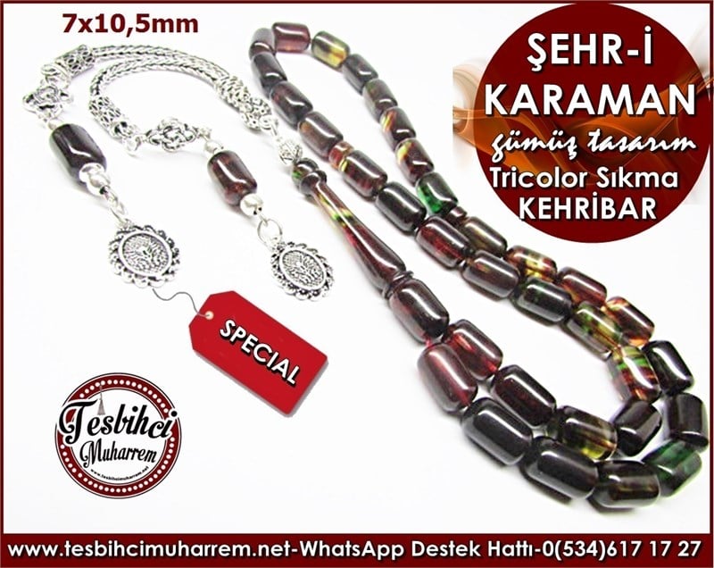 Özgün Gümüş Tasarım Tricolor Sıkma Kehribar Tesbih Şehr-i Karaman