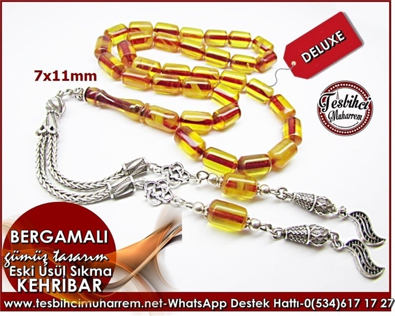 Özgün Gümüş Tasarım Vintage Eski Usül Sıkma Kehribar Tesbih Bergamalı