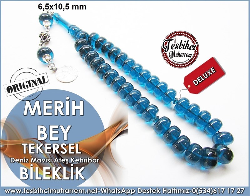 Özgün Tasarım 4 Parmak Tekersel Deniz Mavisi Ateş Kehribar Tesbih Merih Bey
