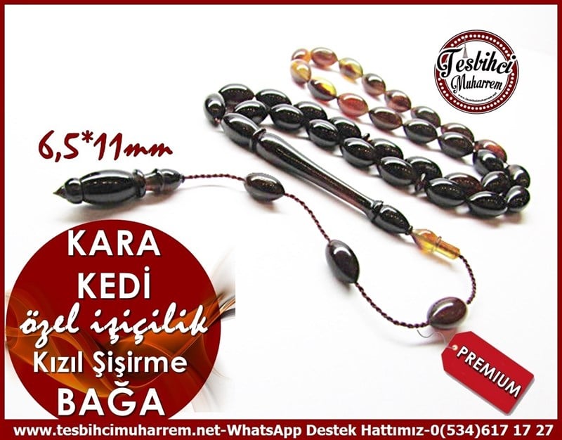 Premium Çalışma Kızıl Beyzi Özel İşçilik Şişirme Bağa Tesbih Kara Kedi