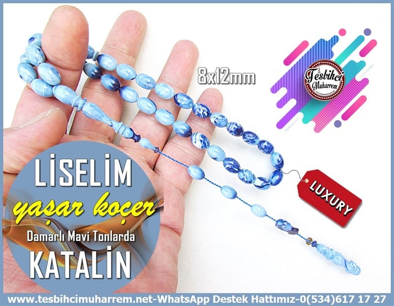 Katalin Ve Bağa TesbihlerTM11979Tesbih Katalin Mavi Tonlar Damarlı Badem Kesim LiselimTesbih Katalin Mavi Tonlar Damarlı Badem Kesim Liselim