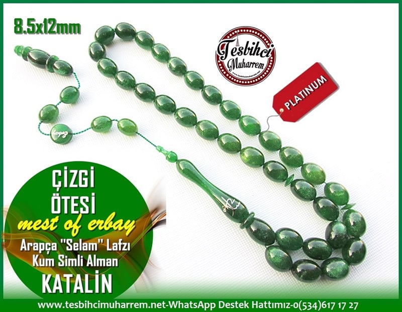 Hareli Yeşil Kehribar TesbihlerTM11576Tesbih Katalin Türbe Yeşili Kum Simli Arapça Selam Lafzı Çizgi ÖtesiTesbih Katalin Türbe Yeşili Kum Simli Arapça Selam Lafzı Çizgi Ötesi