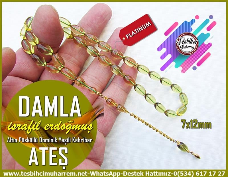 Yeşil Ton TesbihlerTM12741Tespih Lüx Ateş Kehribar Dominik Yeşili Altın Püsküllü Damla Tesbih Tespih Lüx Ateş Kehribar Dominik Yeşili Altın Püsküllü Damla Tesbih 