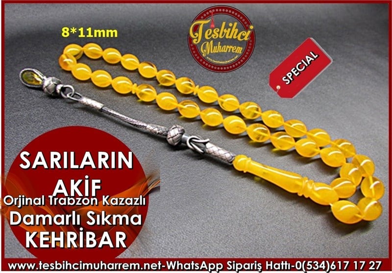 Trabzon Kazaziyeli Sıkma Kehribar Tesbih 8*11 mm Sarıların Akif 