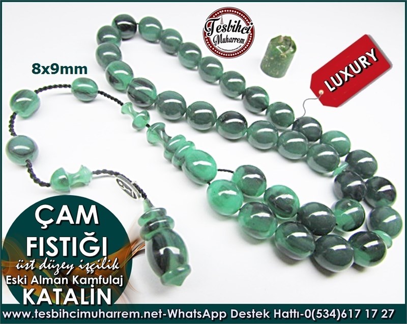 Üst Düzey İşçilik Bileklik Yeşil Eski Alman Kamfulaj Katalin Tesbih Çam Fıstığı