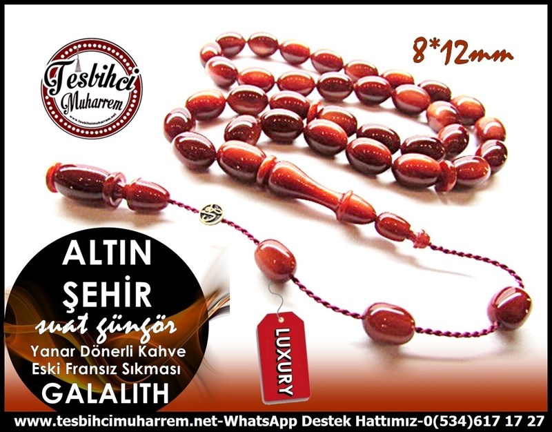 Yanar Dönerli Eski Fransız Sıkması Kahverengi Galalith Tesbih Altın Şehir