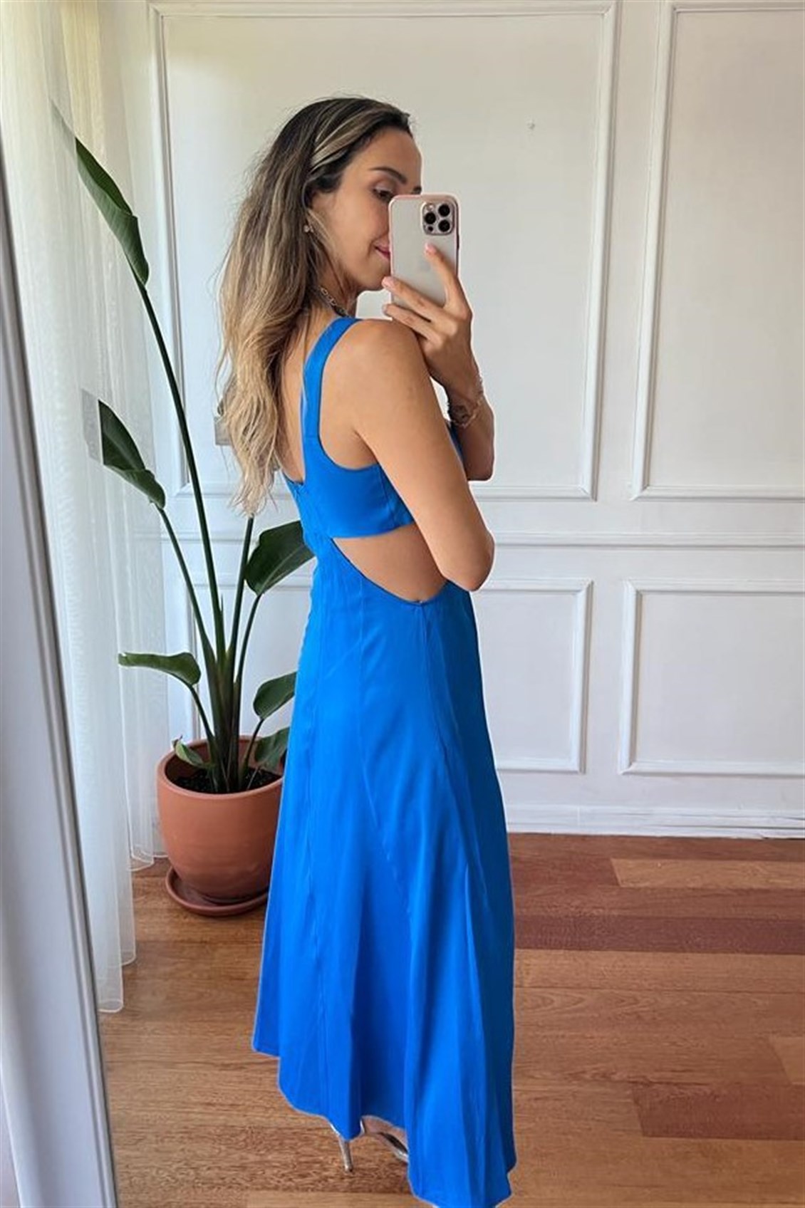 Bağlama Detay Saten Elbise-Mavi