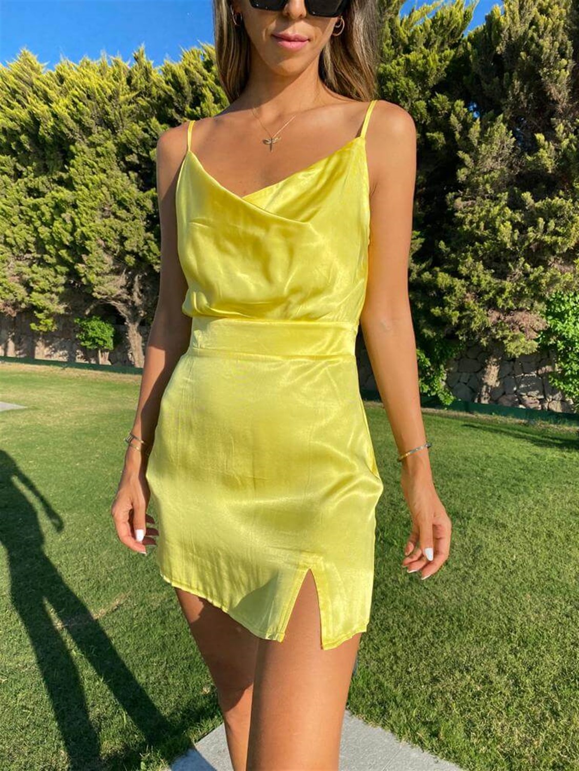 Degaje Yaka Mini Elbise-Sarı