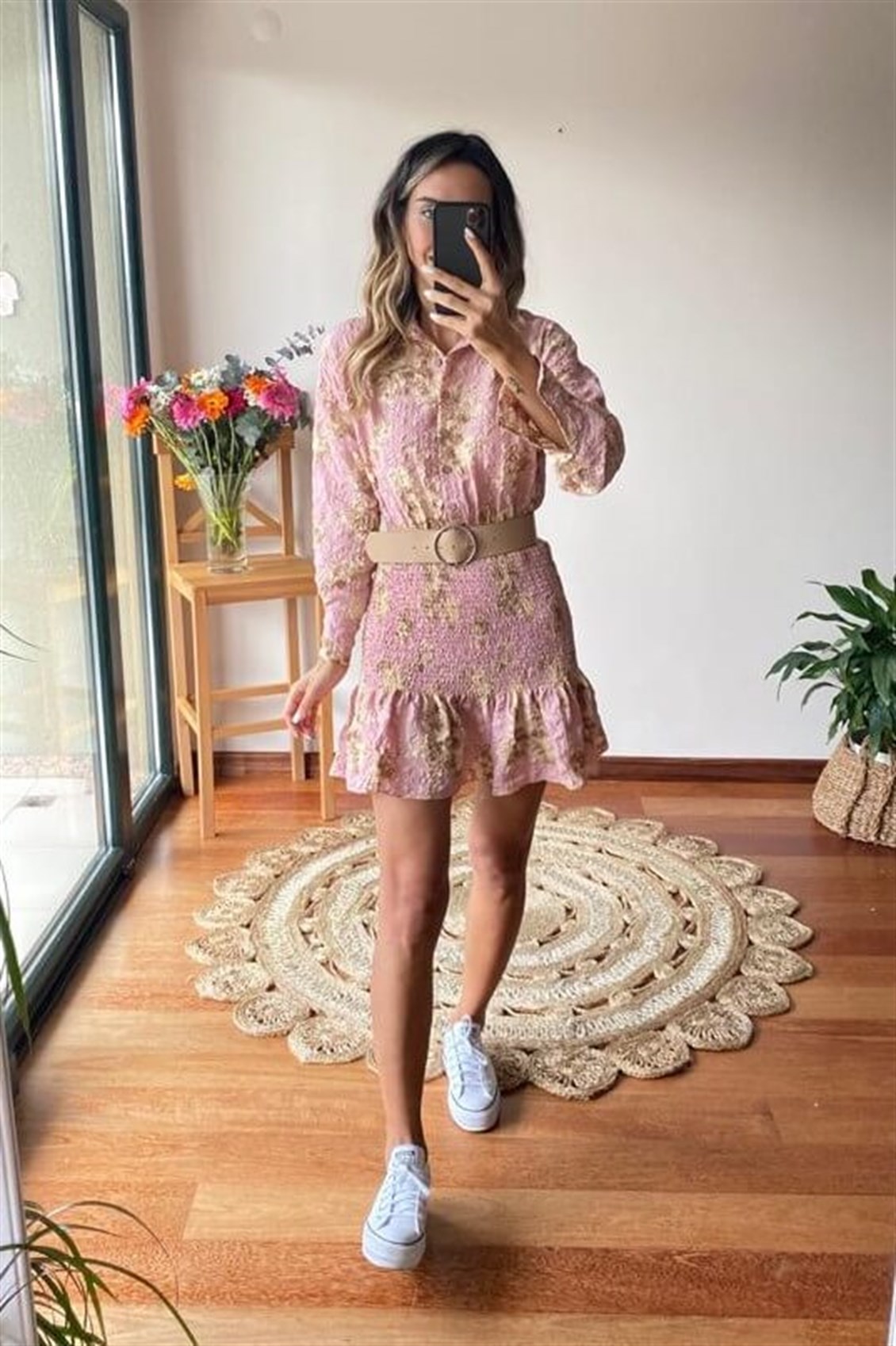 Güpür Detay Çiçekli Elbise-Pembe
