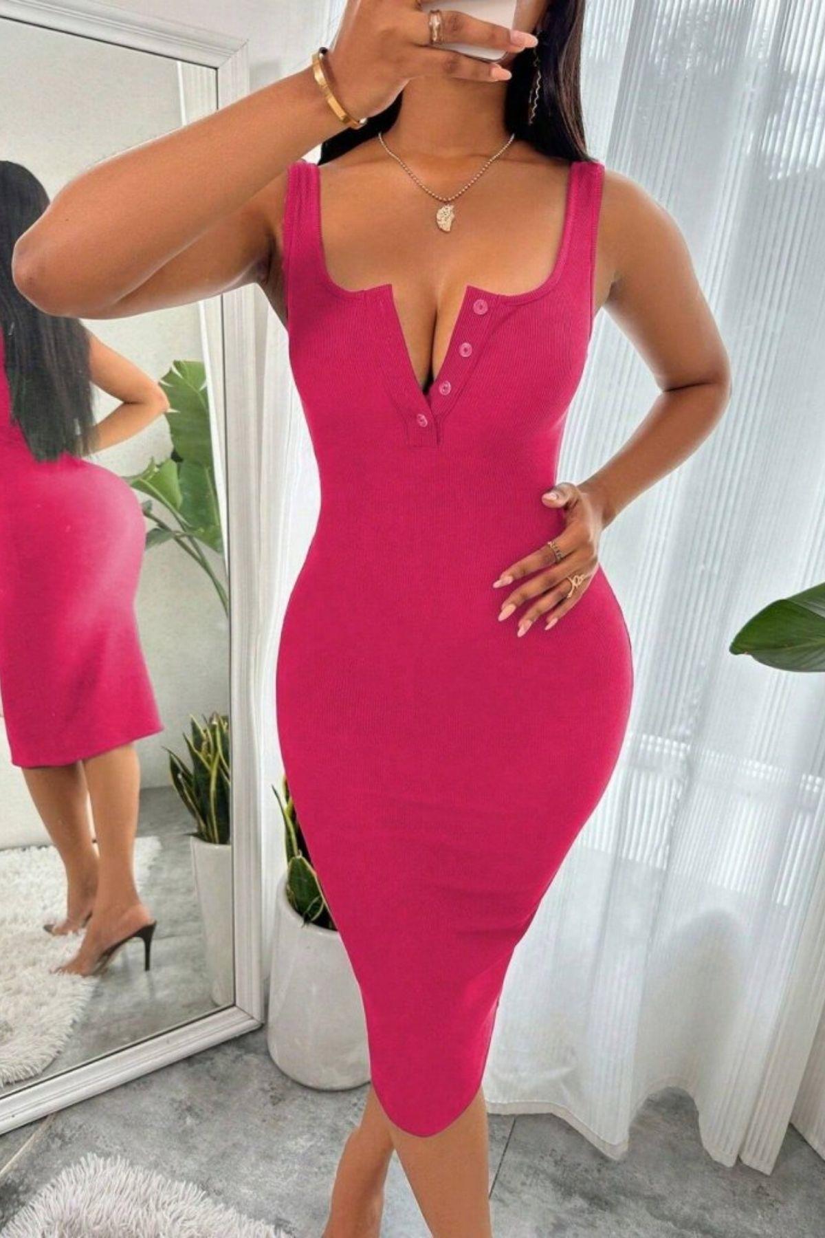 Kalın Askılı Düğme Detaylı Midi Kaşkorse Elbise - Fuşya