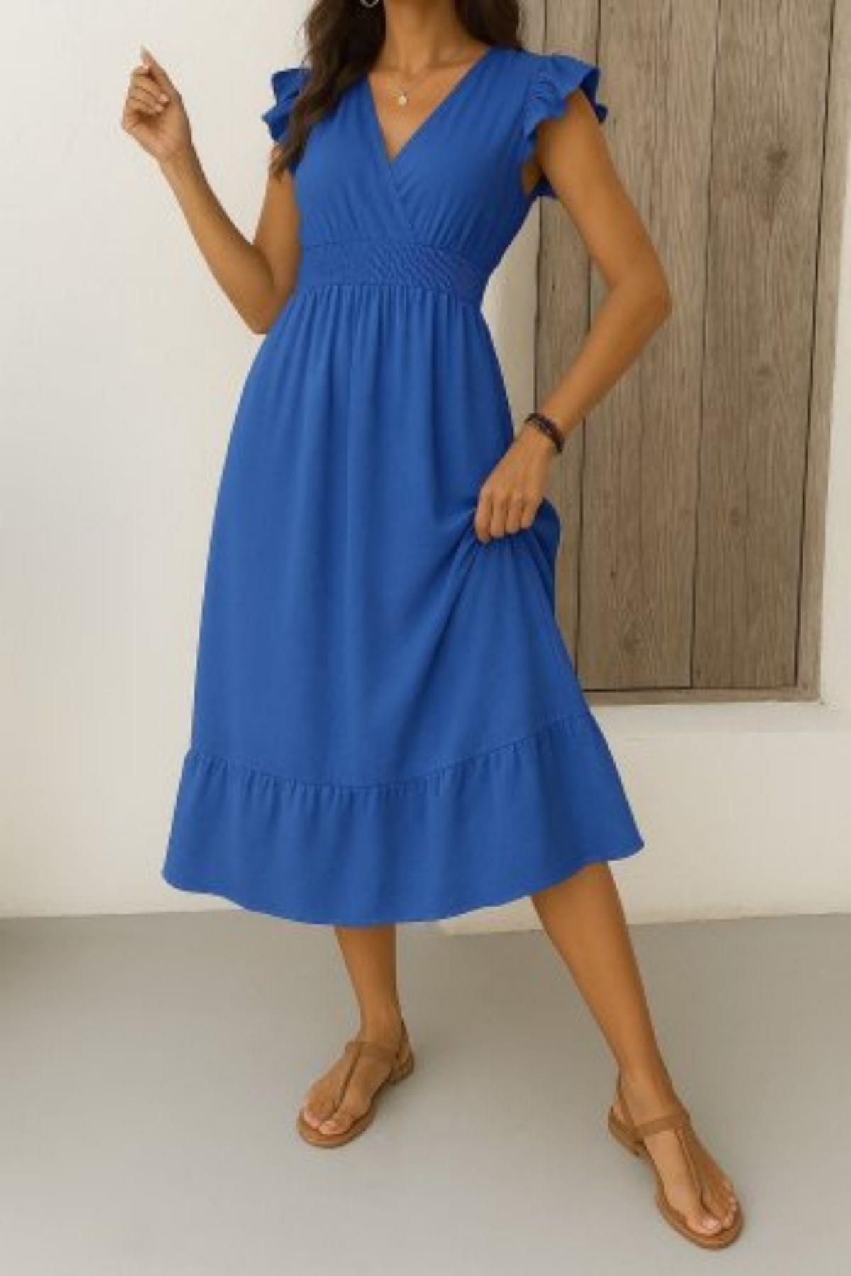 Kruvaze Yaka Bel Lastikli Aerobin Elbise - Mavi