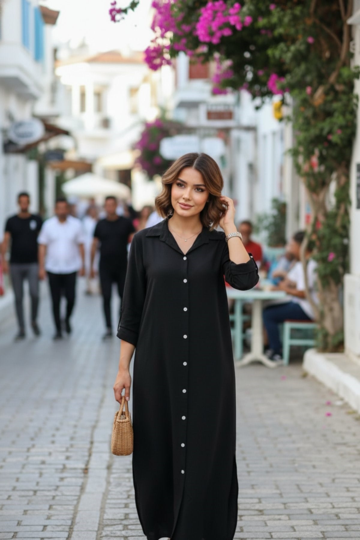 Kadın Düğmeli Uzun Gömlek Elbise - Siyah