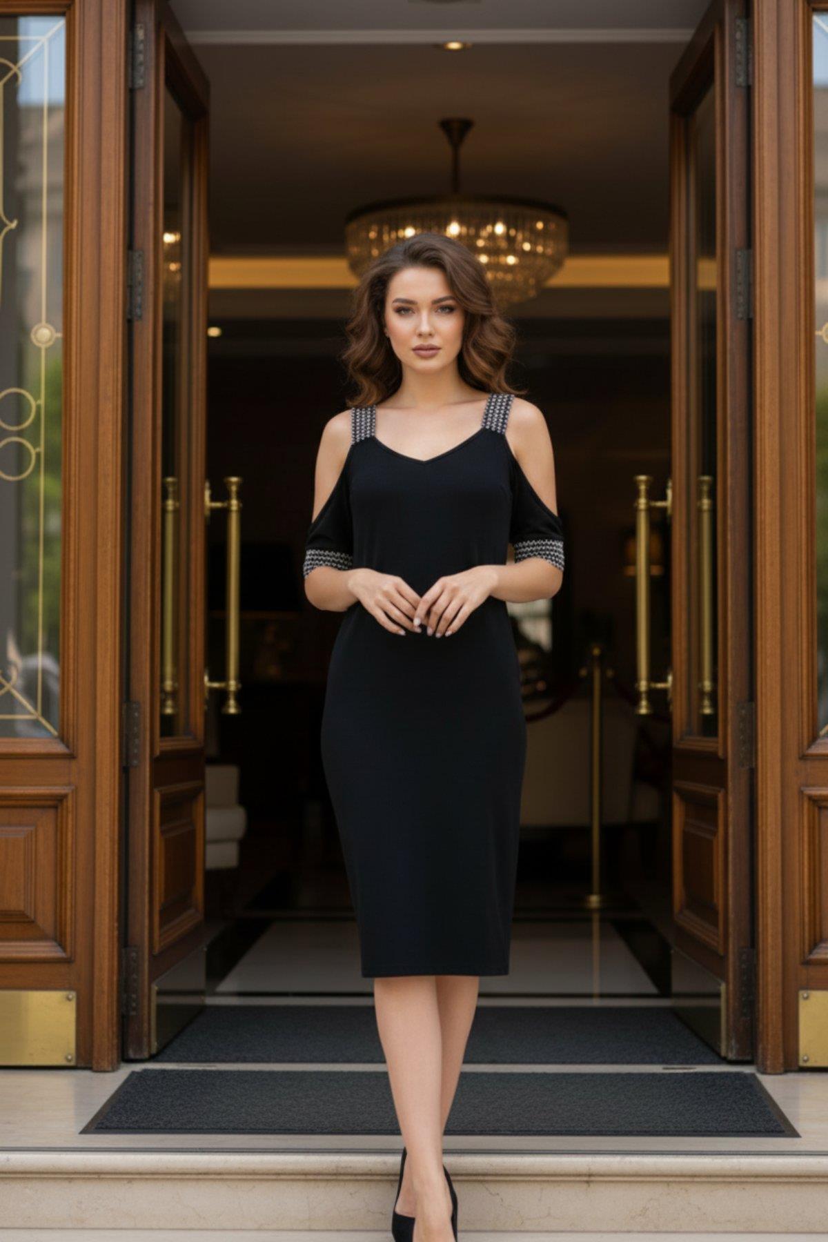 V Yaka Omuz Dekolteli Viskon Elbise - Siyah