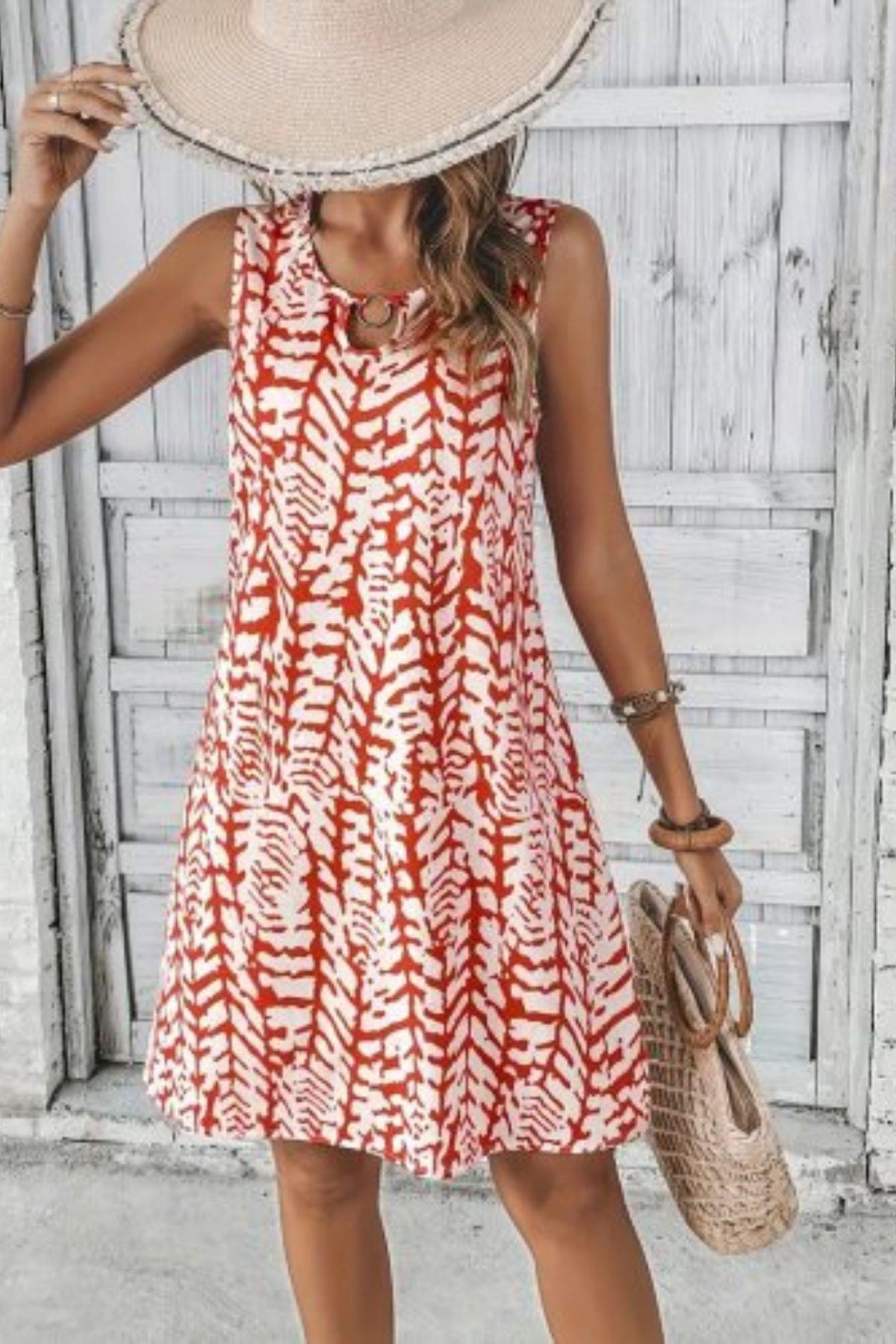 Kolsuz Halka Detaylı Desenli Bürümcük Elbise - Turuncu