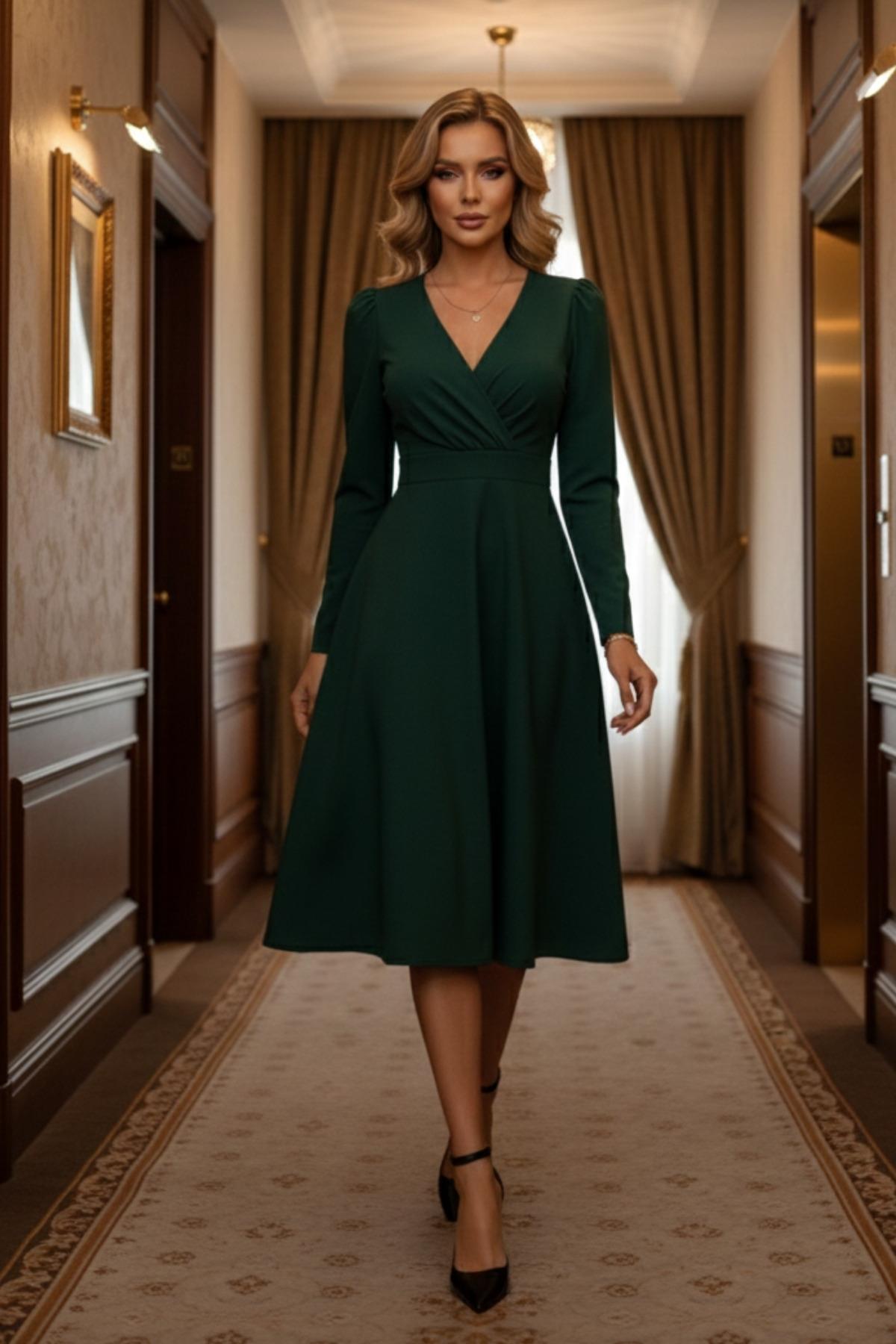 Sessiz Ama Güçlü – Yeşil Midi Davet Elbisesi