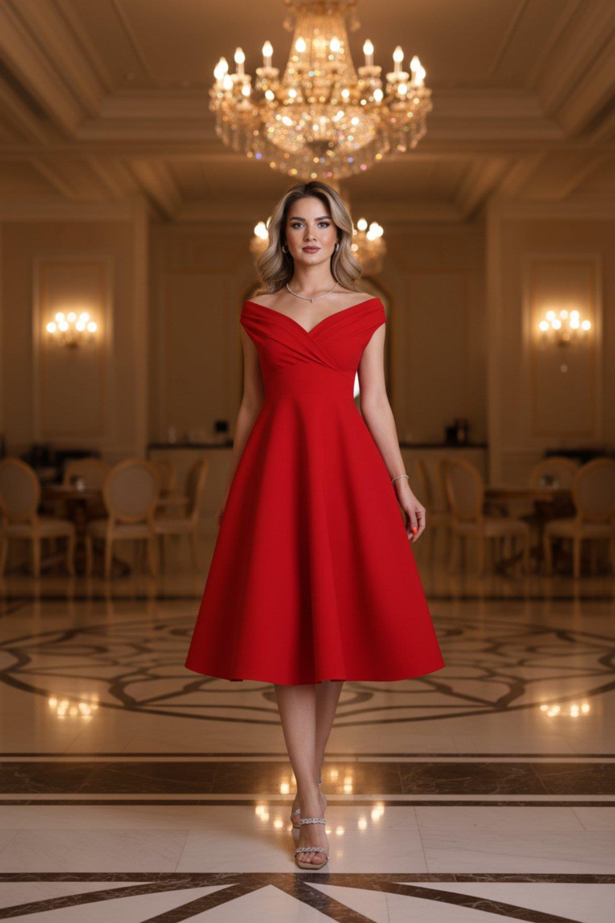 Düşük Omuz Eteği Volanlı Krep Elbise - Kırmızı