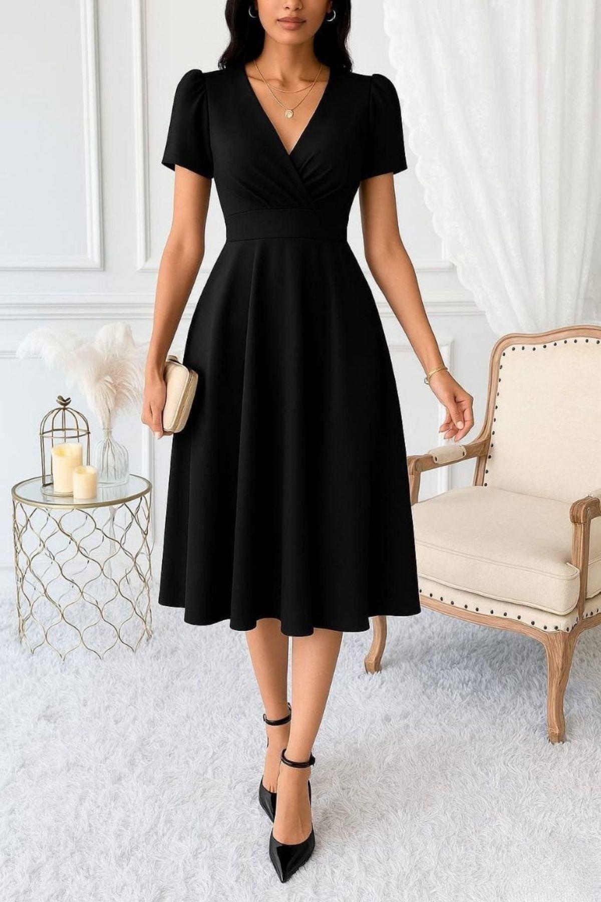 Kruvaze Yaka Kısa Kollu Midi Krep Elbise - Siyah