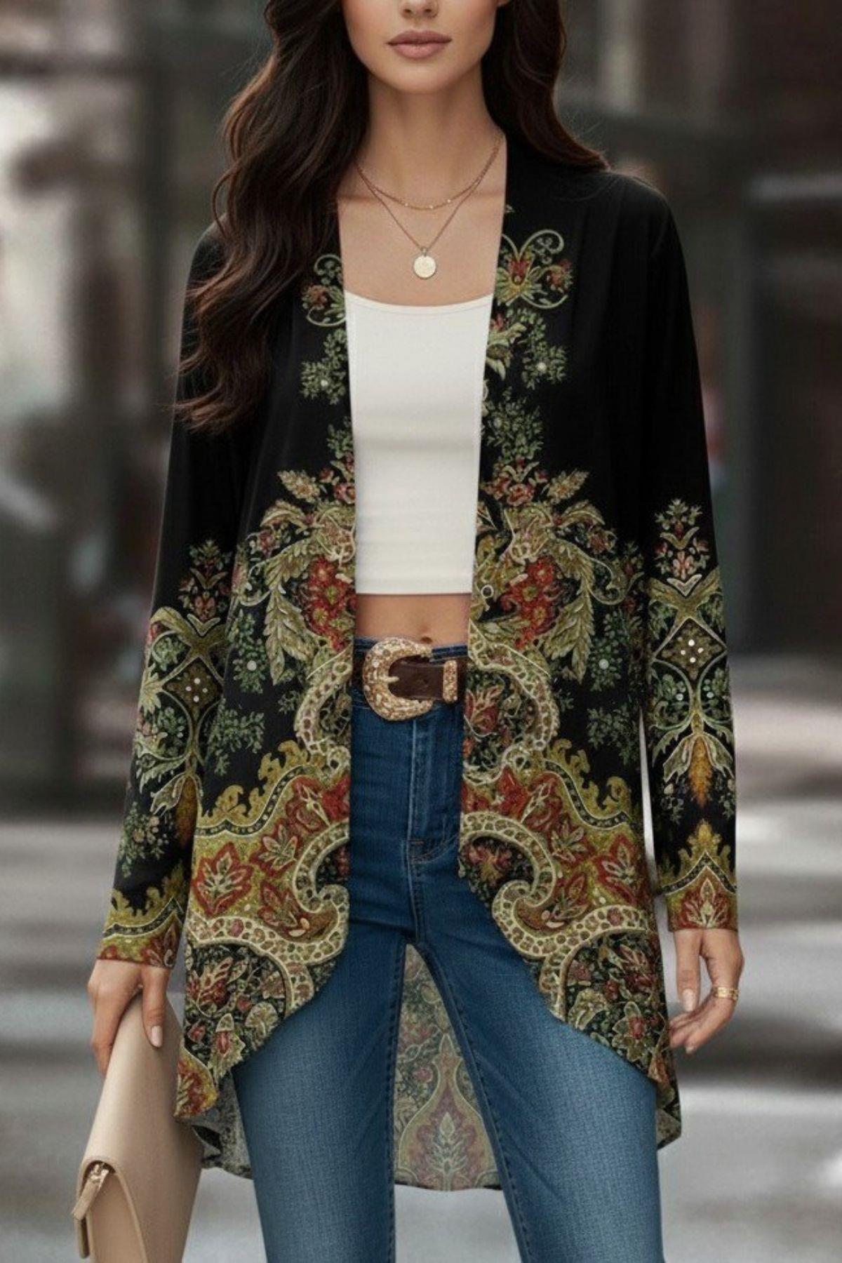 Önü Açık Desenli Şardonlu Dalgıç Ceket - Siyah