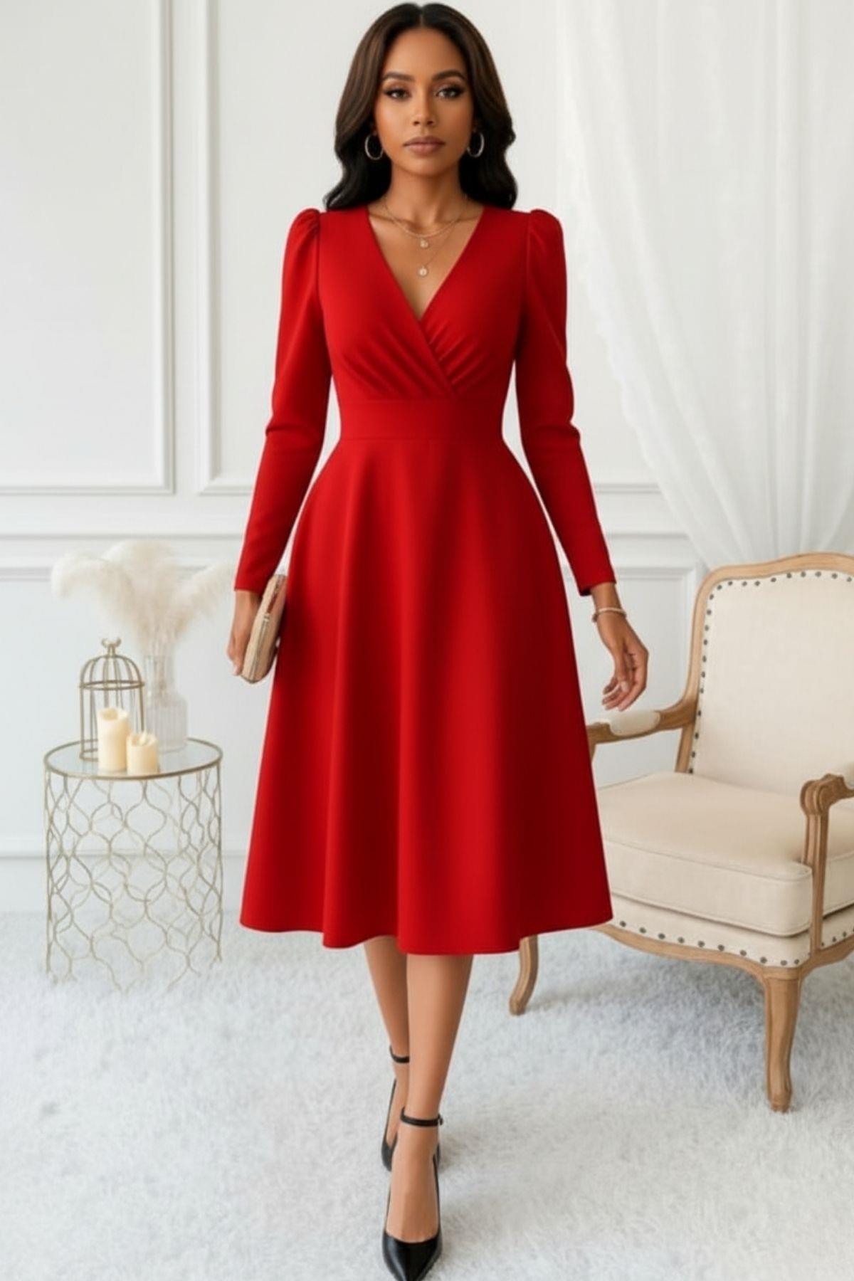 Kırmızı Kruvaze Yaka Uzun Kollu Midi Elbise