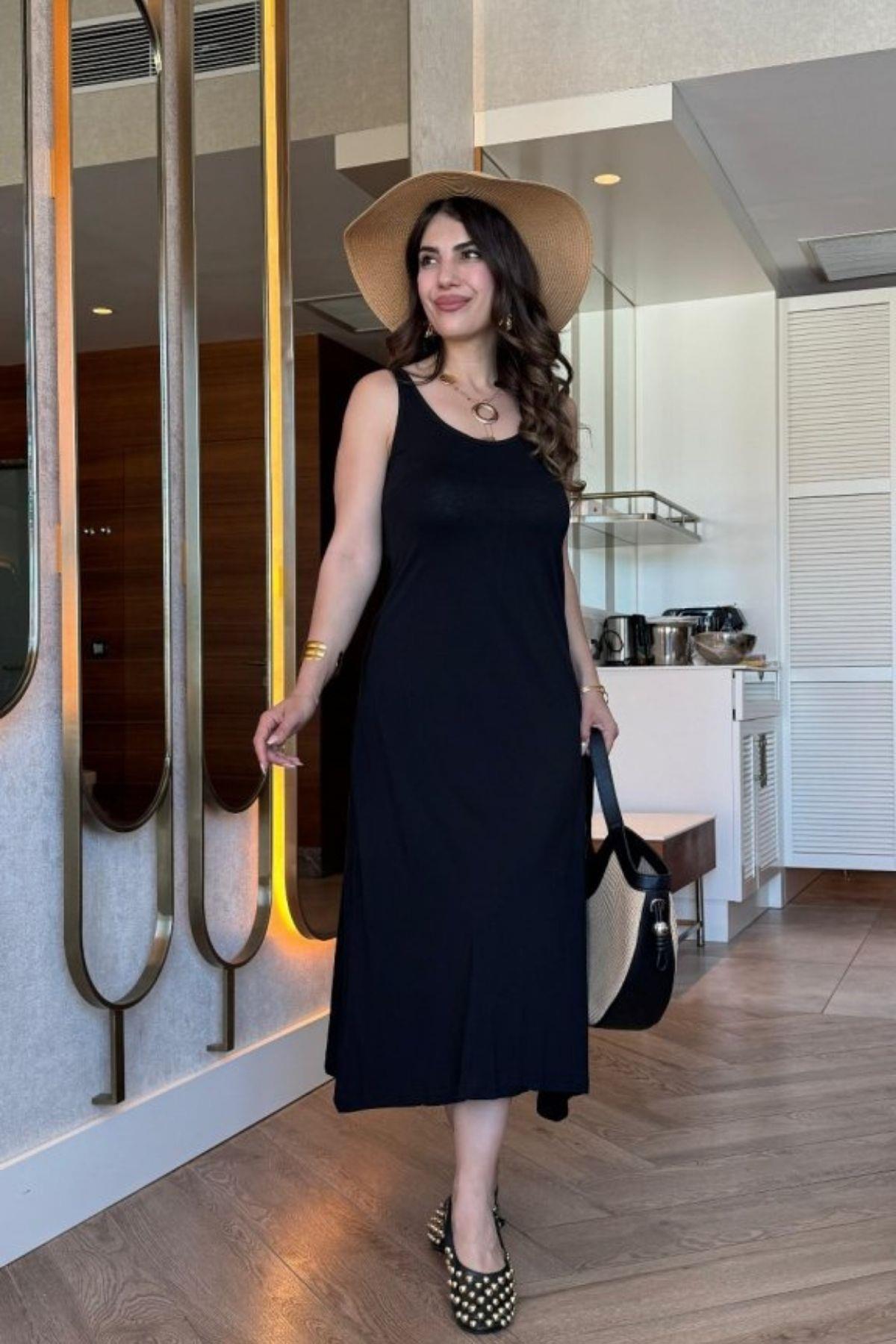 Askılı Yuvarlak Yaka Basic Viskon Elbise - Siyah