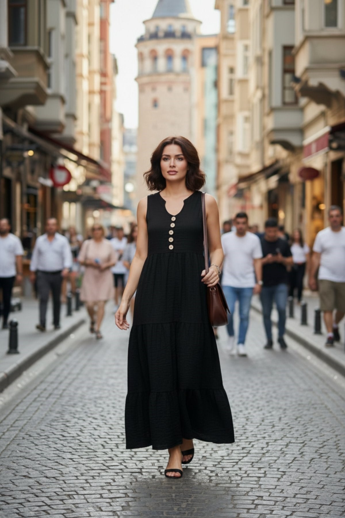 Önden Düğmeli Midi Bürümcük Elbise - Siyah