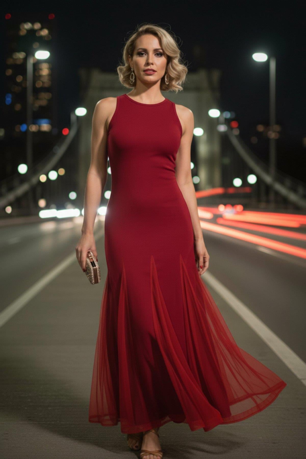 Bisiklet Yaka Etek Ucu Tül Detaylı İthal Krep Elbise - Kırmızı