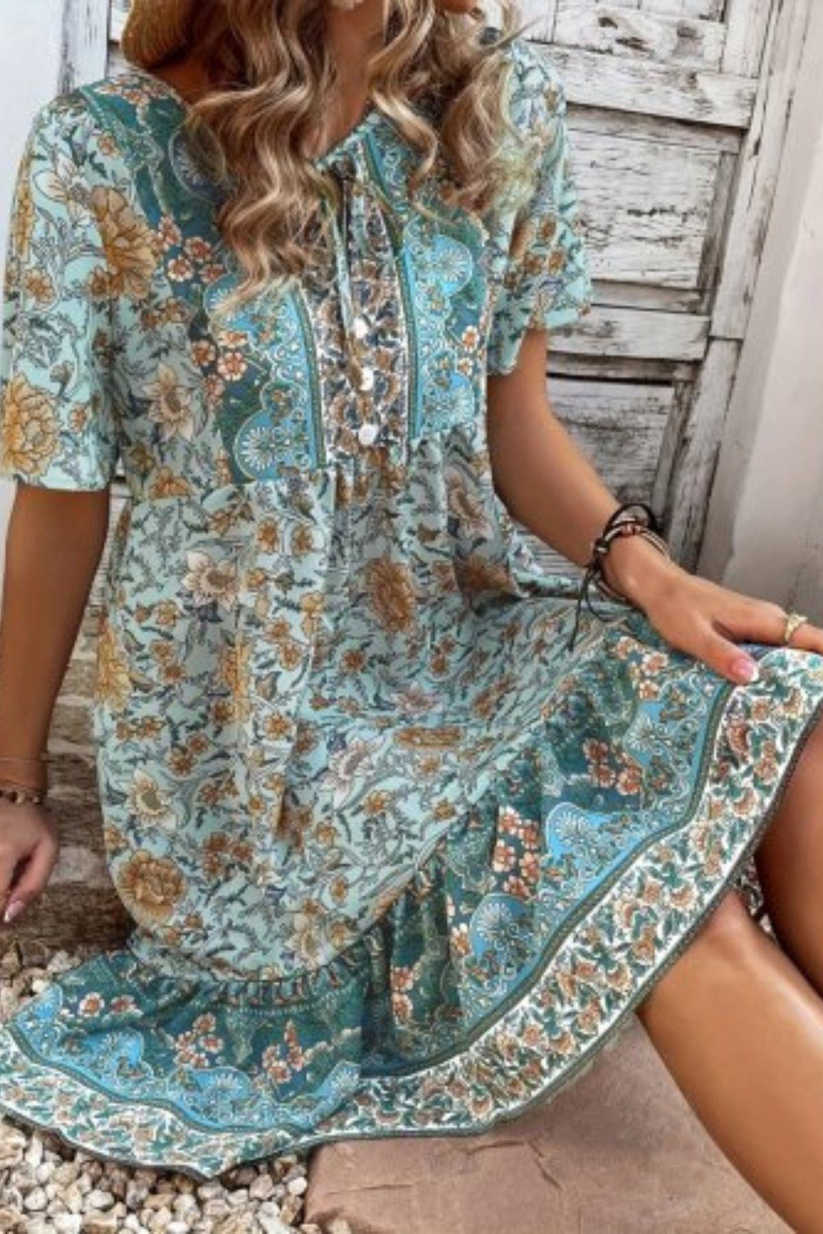 Düğmeli Bağlama Detaylı Desenli Süprem Elbise - Mavi