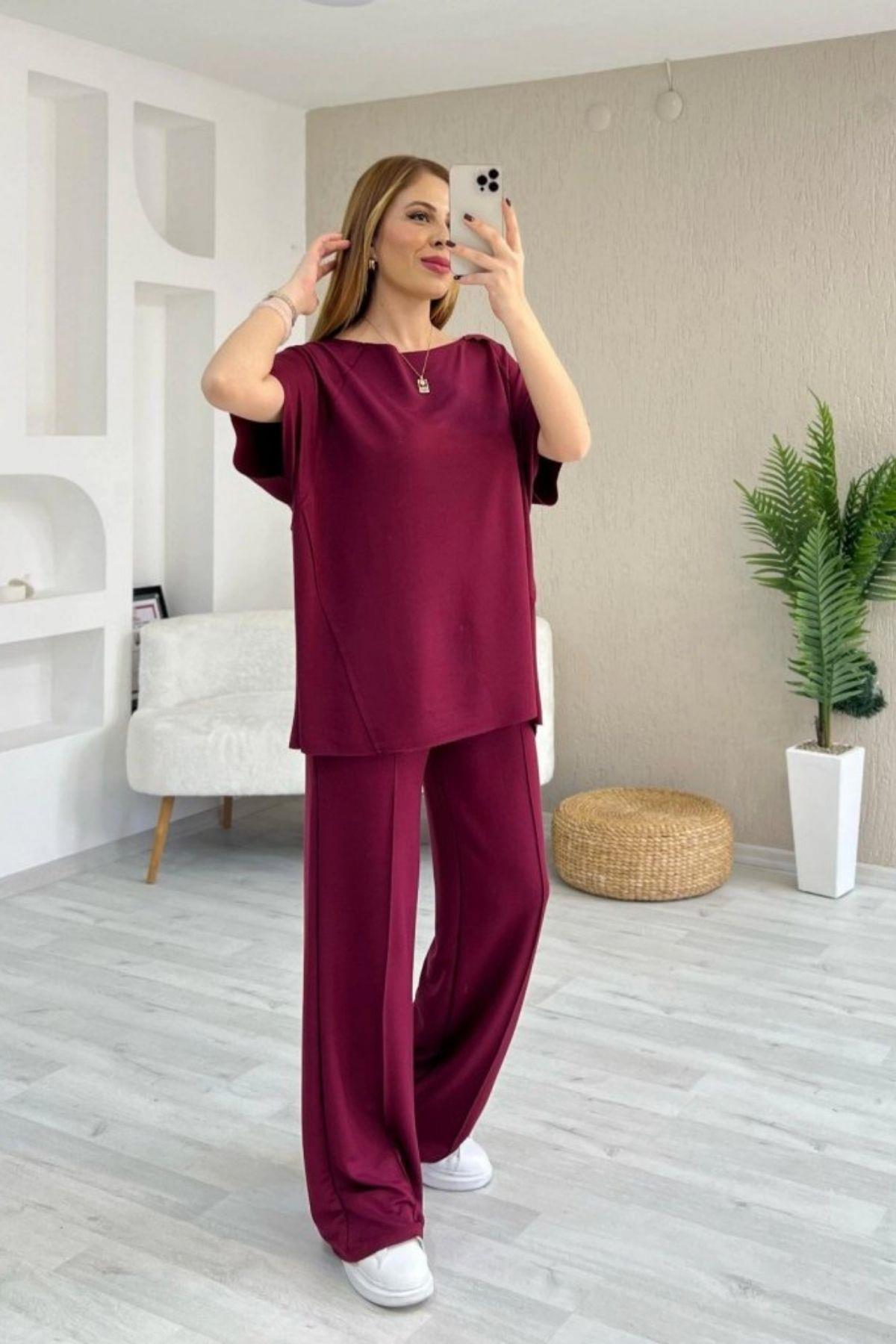 Yarasa Kol Salaş Bluz Ve Geniş Paça Pantolon Takım - Bordo