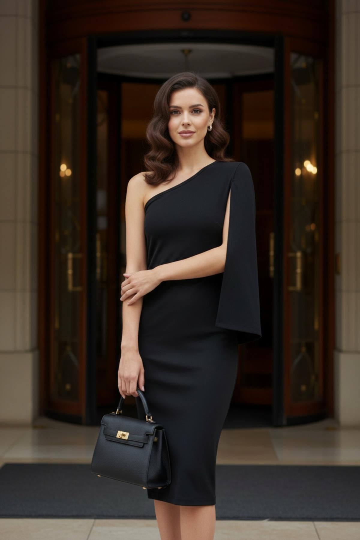 Tek Omuz Pelerin Detaylı Midi Boy Davet Elbisesi - Siyah