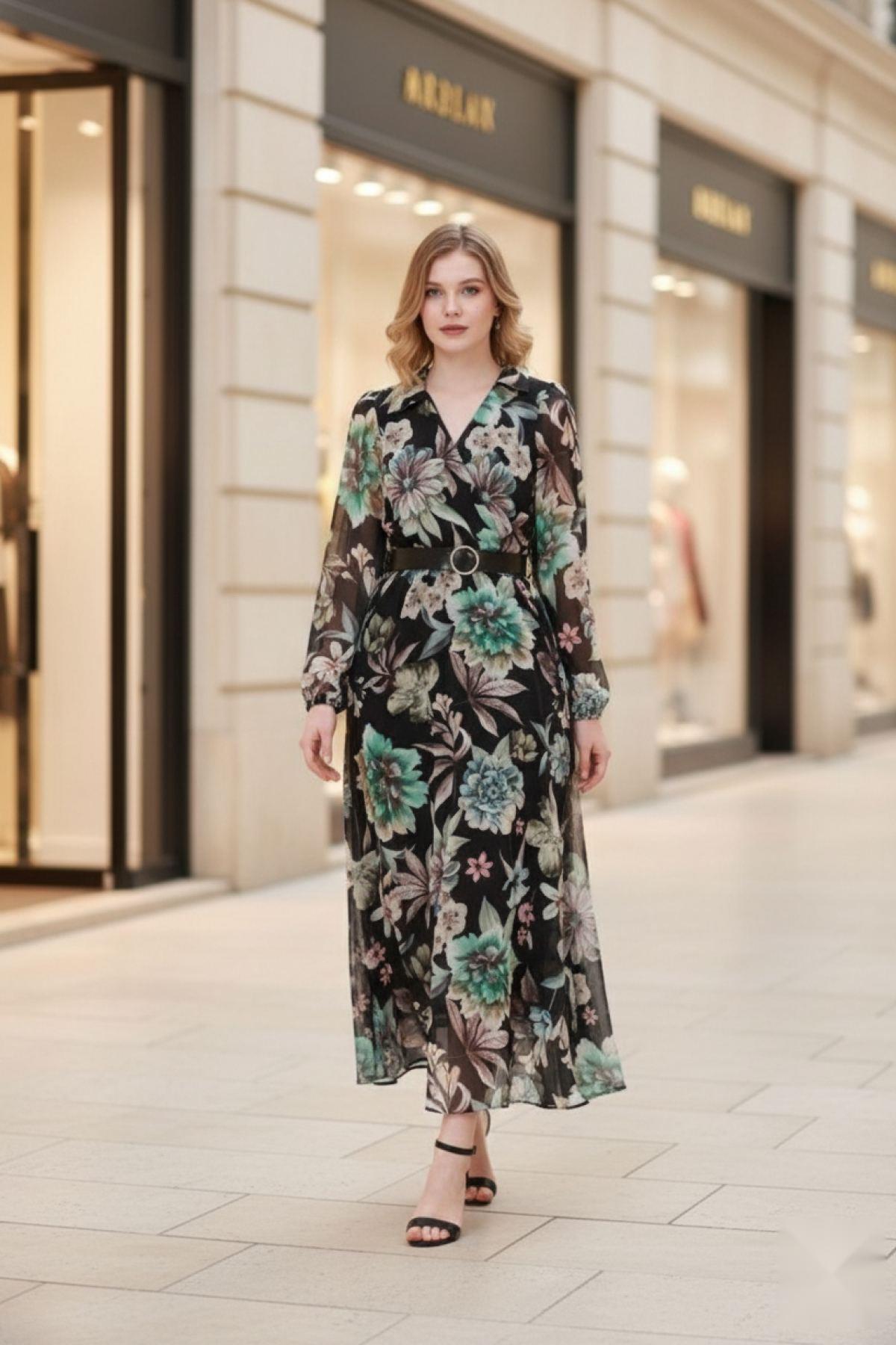 Kruvaze Yaka Kemerli Şifon Uzun Fashion Elbise Siyah