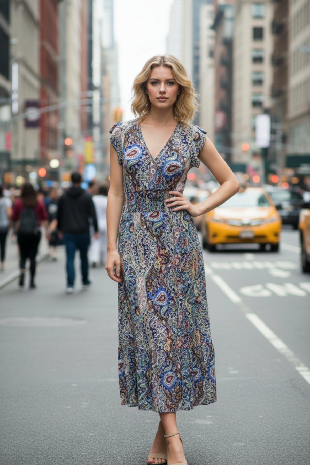 Kruvaze Yaka Bel Oturtmalı Desenli Elbise - Desenli