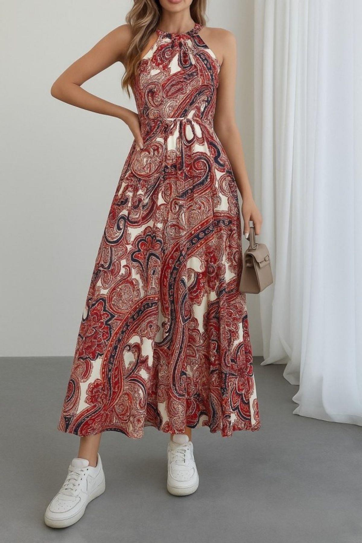 Halter Yaka Kuşaklı Desenli Süprem Elbise - Bordo
