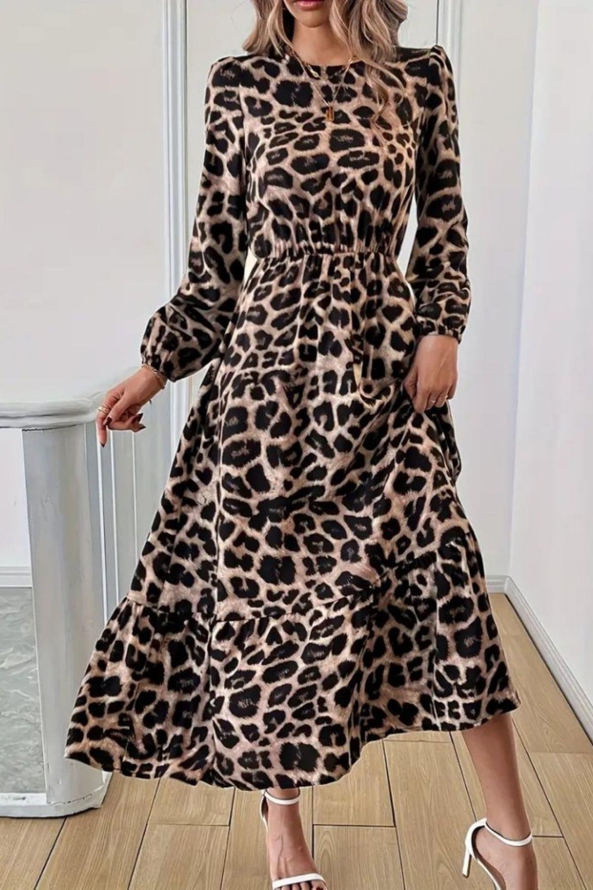 Bisiklet Yaka Leopar Desenli Midi Süprem Elbise - Leopar