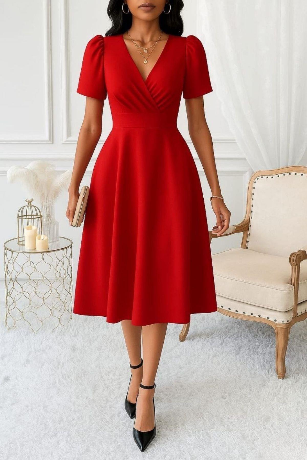 Kruvaze Yaka Kısa Kollu Midi Krep Elbise - Kırmızı