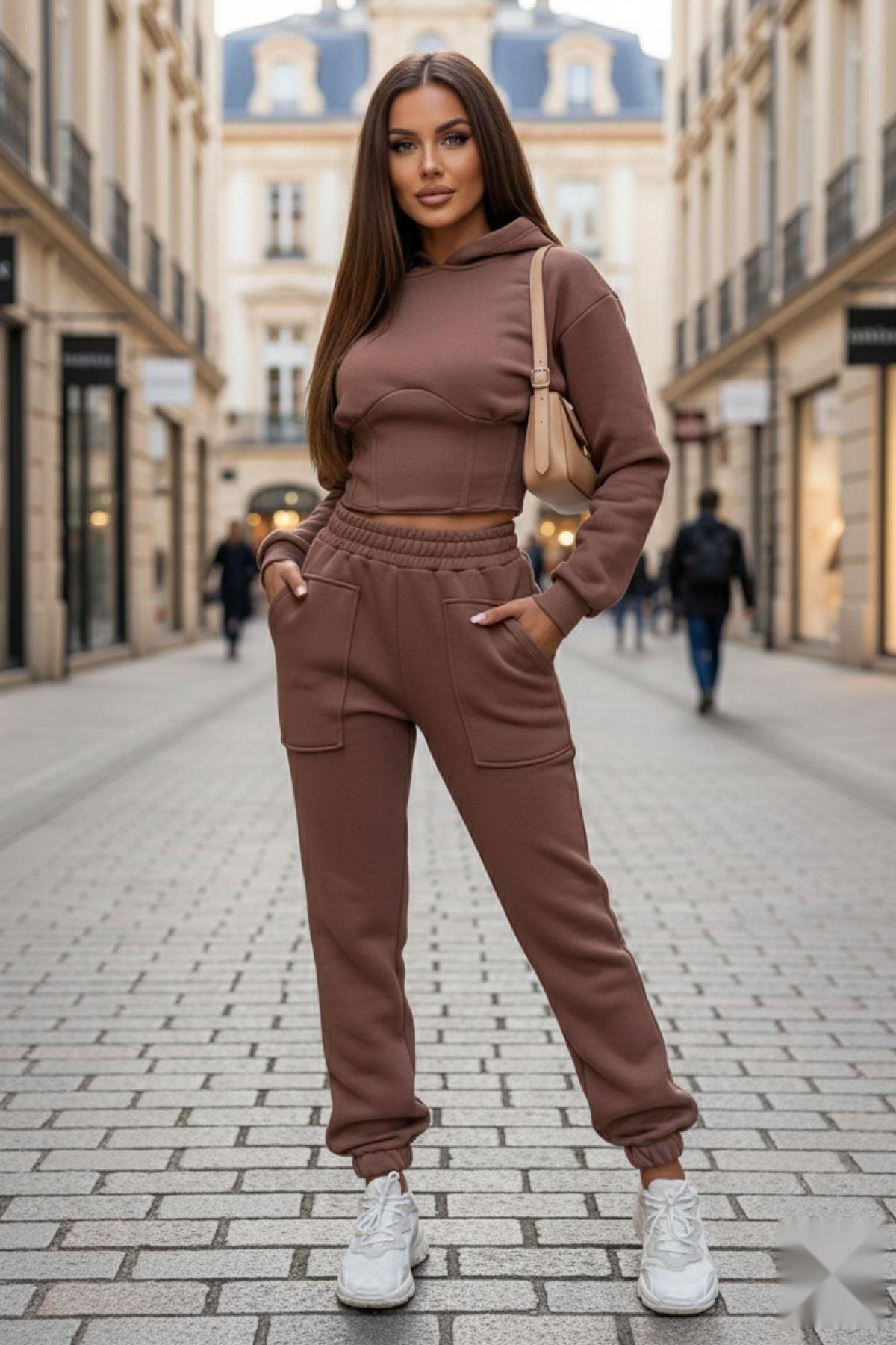 Bel Detaylı Kapüşonlu Eşofman Takım Kahve