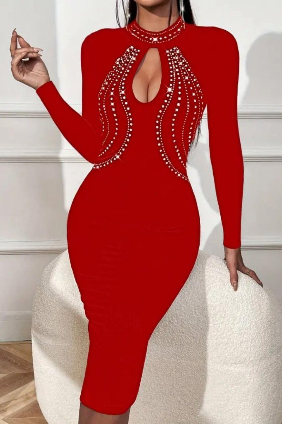 Dik Yaka Taşlı Damla Detay Midi Abiye Elbise - Kırmızı