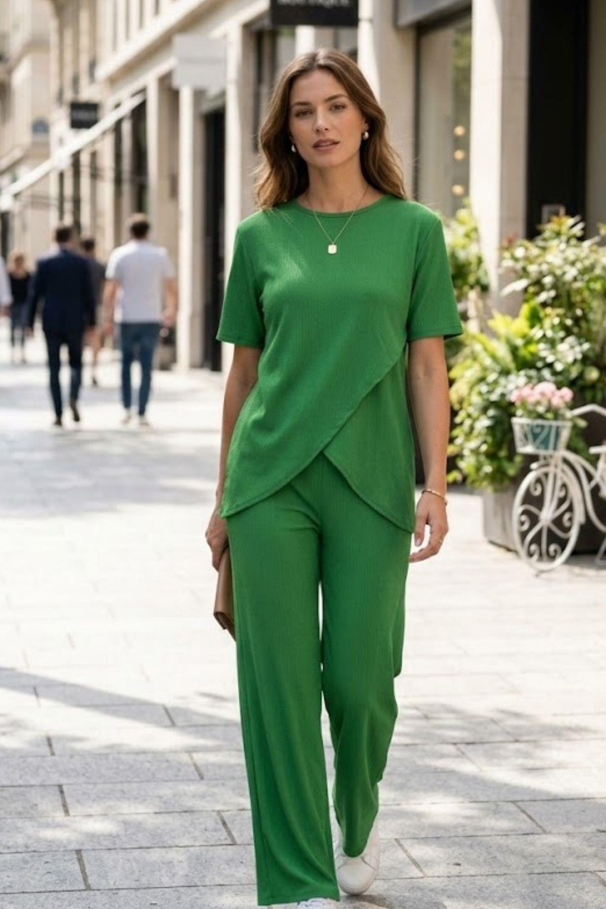 Minimal Stil Bürümcük Bluz Pantolon Takım - Yeşil