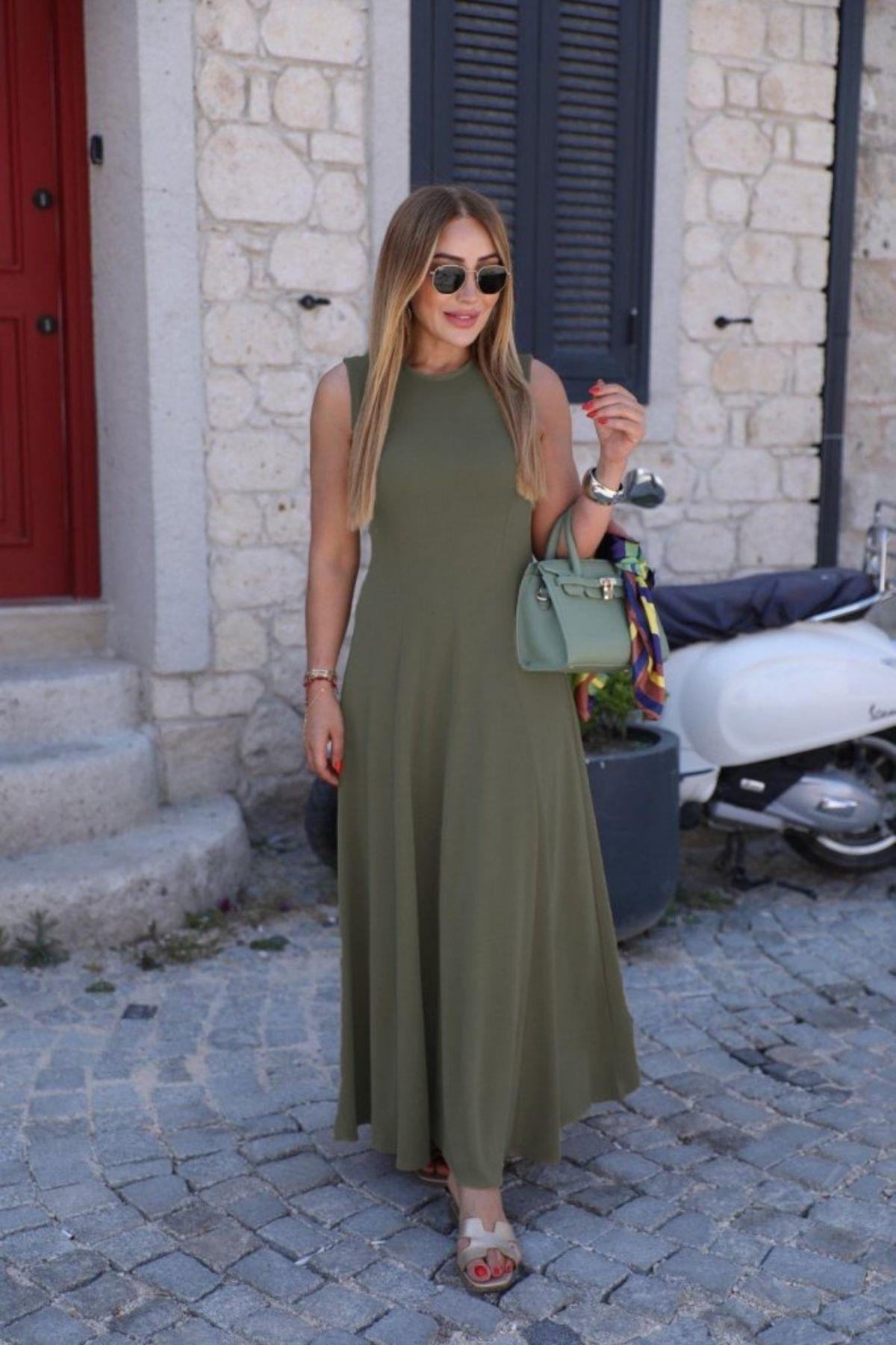 Bisiklet Yaka Kolsuz Uzun Viskon Elbise - Yeşil