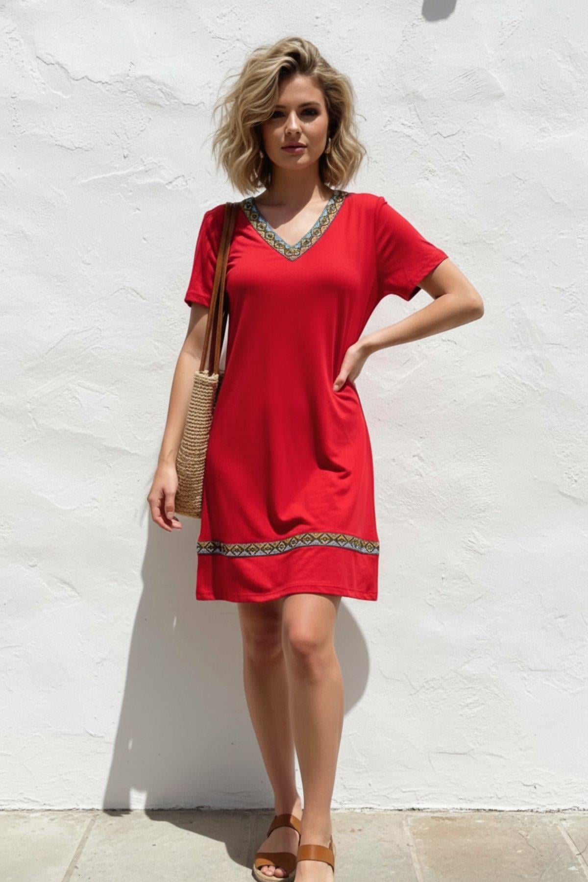 Etnik Desen Şerit Detaylı Viskon Elbise - Kırmızı