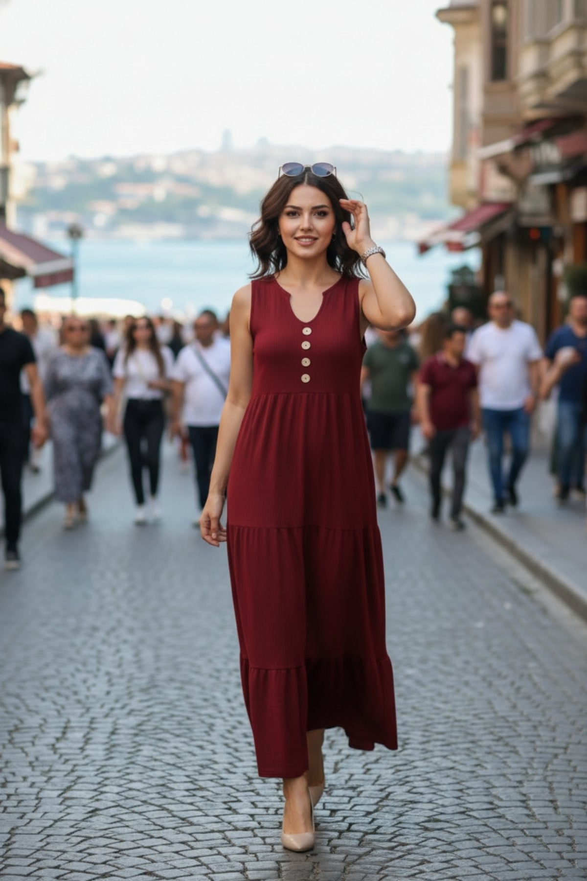 Önden Düğmeli Midi Bürümcük Elbise - Bordo