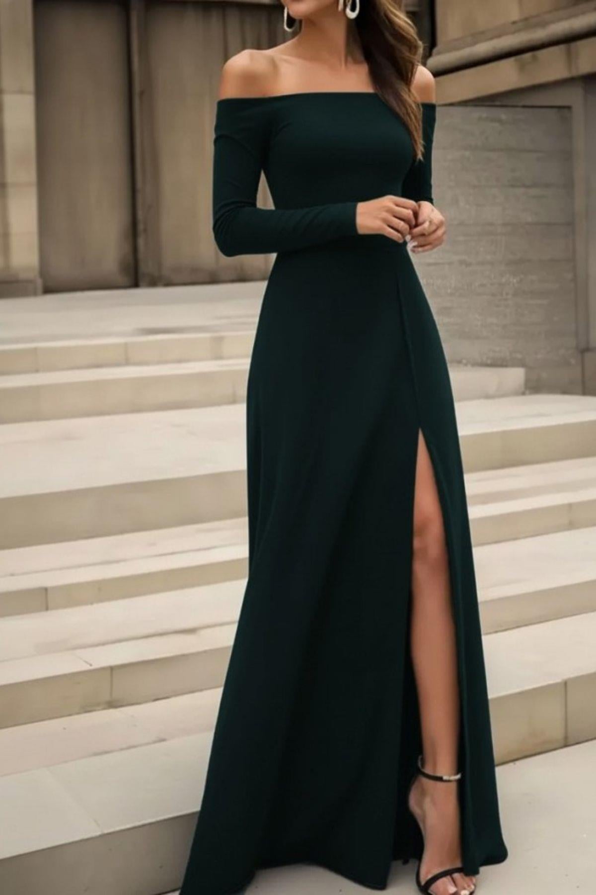 Madonna Yaka Yırtmaçlı Uzun İthal Krep Elbise - Yeşil