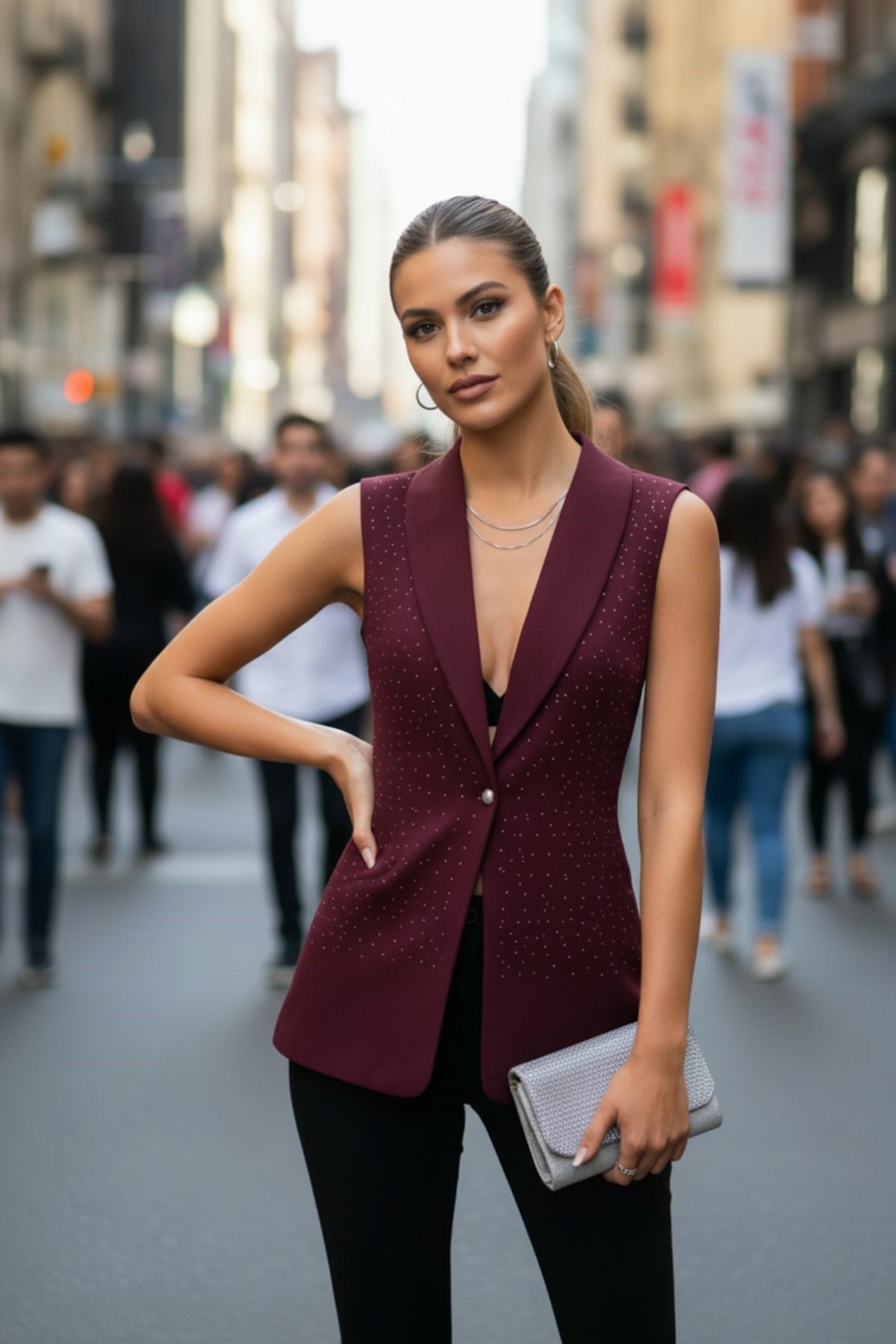 Kolsuz Önü Açık Atlas Yelek - Bordo