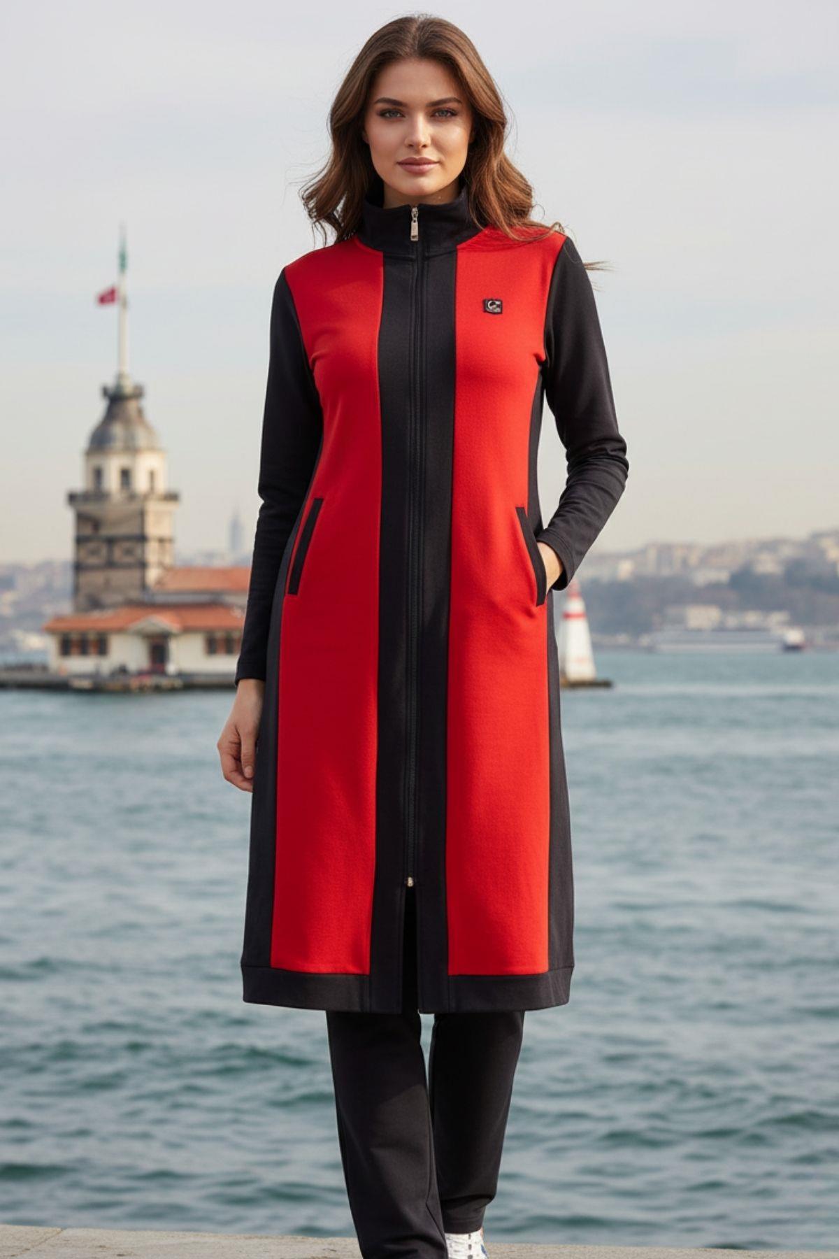 Uzun Tesettür Eşofman Takımı Kırmızı