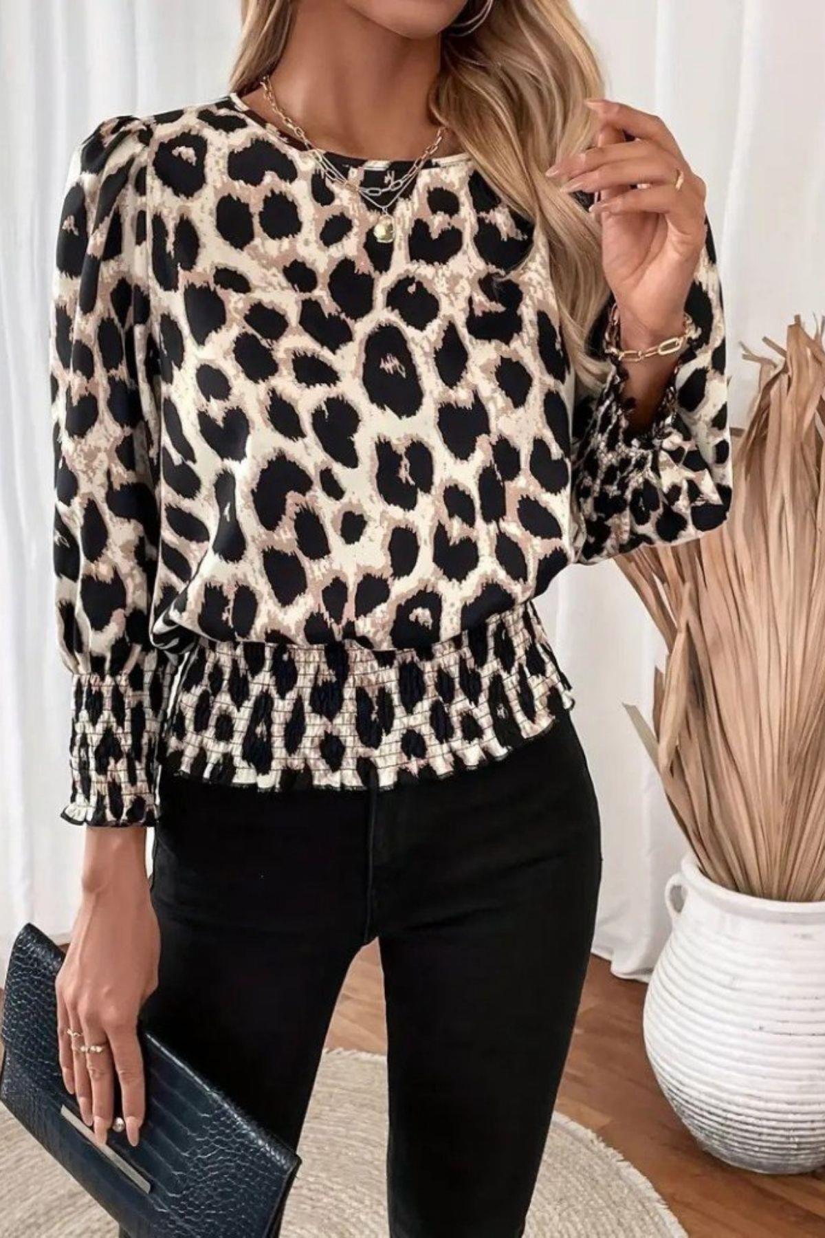 Bisiklet Yaka Leopar Desenli Modal Bluz - Leopar