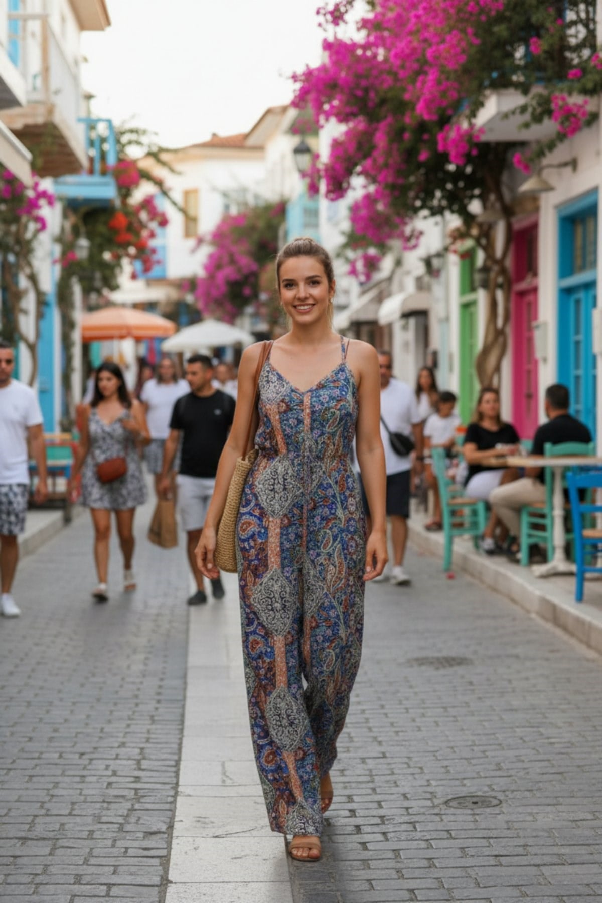 İp Askılı V Yaka Desenli Süprem Tulum - Desenli