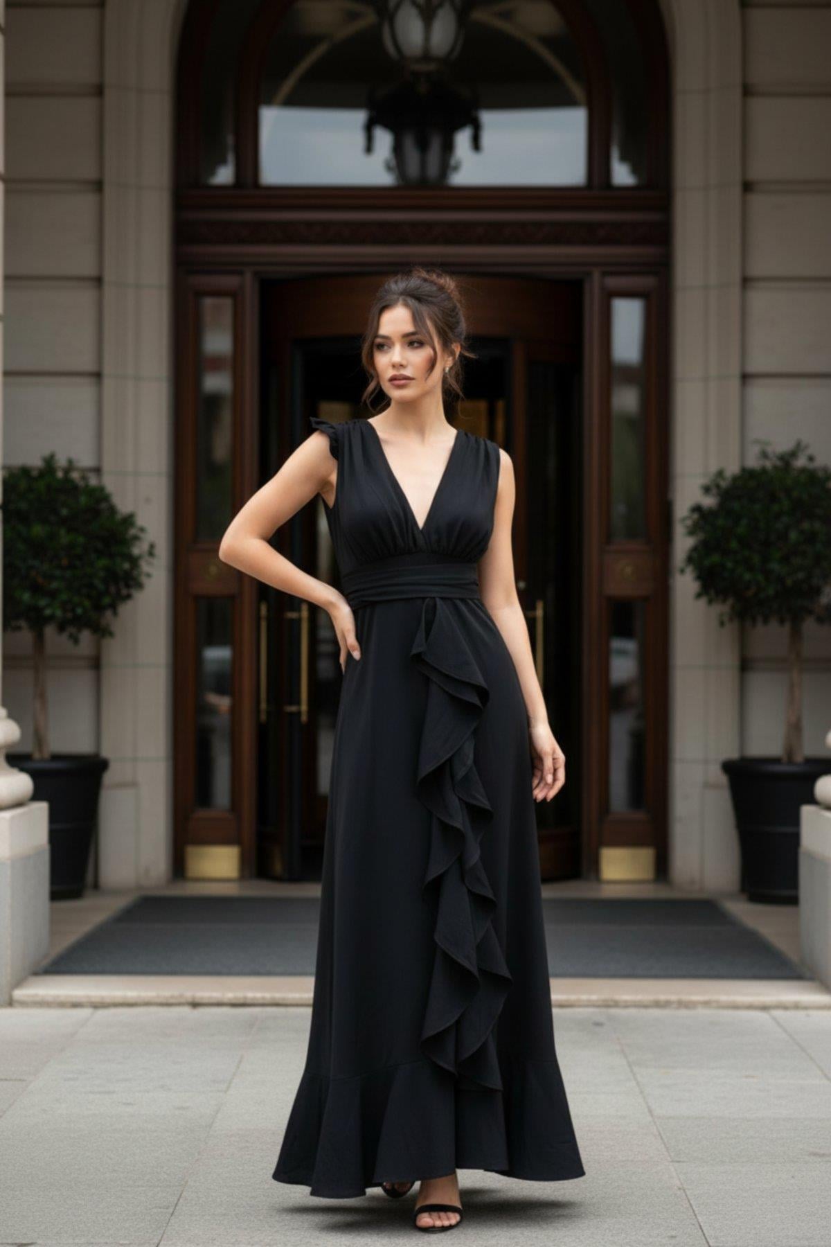 Kruvaze Yaka Önü Volanlı Uzun Krep Elbise - Siyah