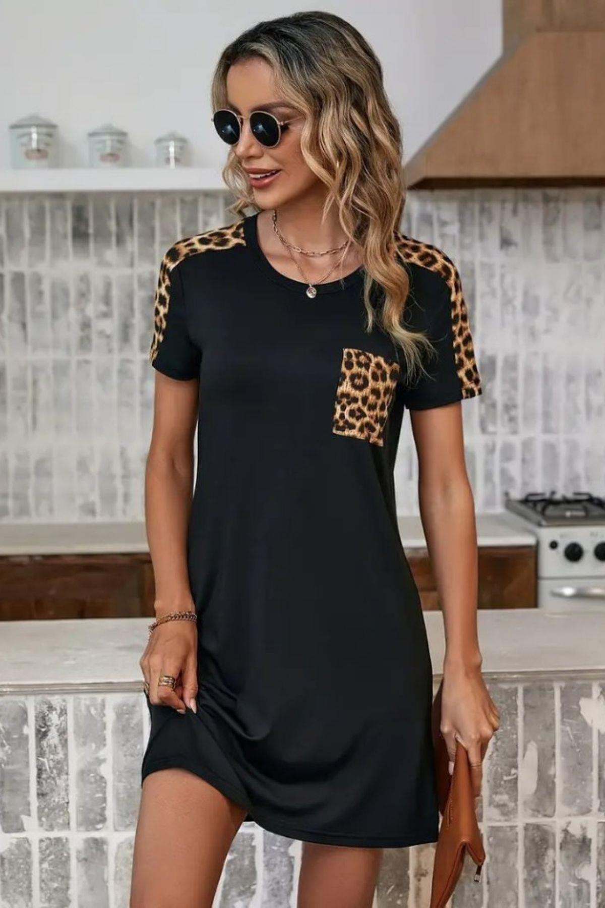 Leopar Desenli Cepli Viskon Elbise - Siyah