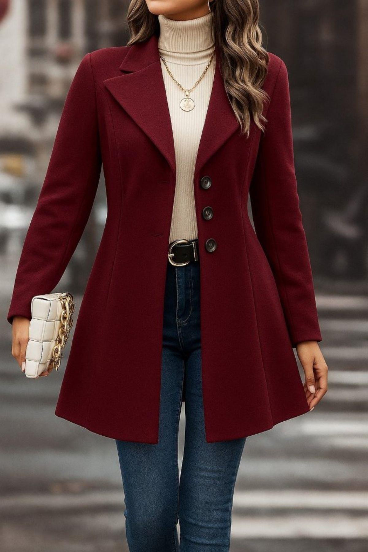 Uzun Kollu Düğmeli Kaşe Kaban - Bordo