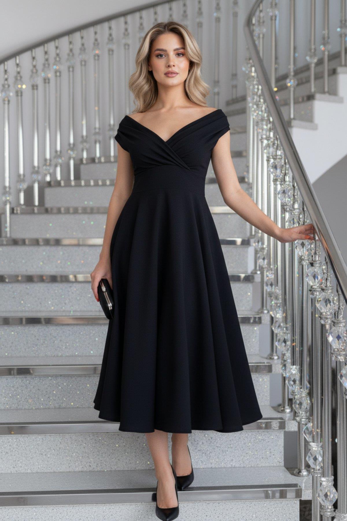 Düşük Omuz Eteği Volanlı Krep Elbise - Siyah